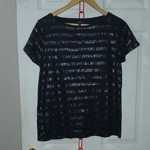 Talbots Black Striped Sheer Short Sleeve Top